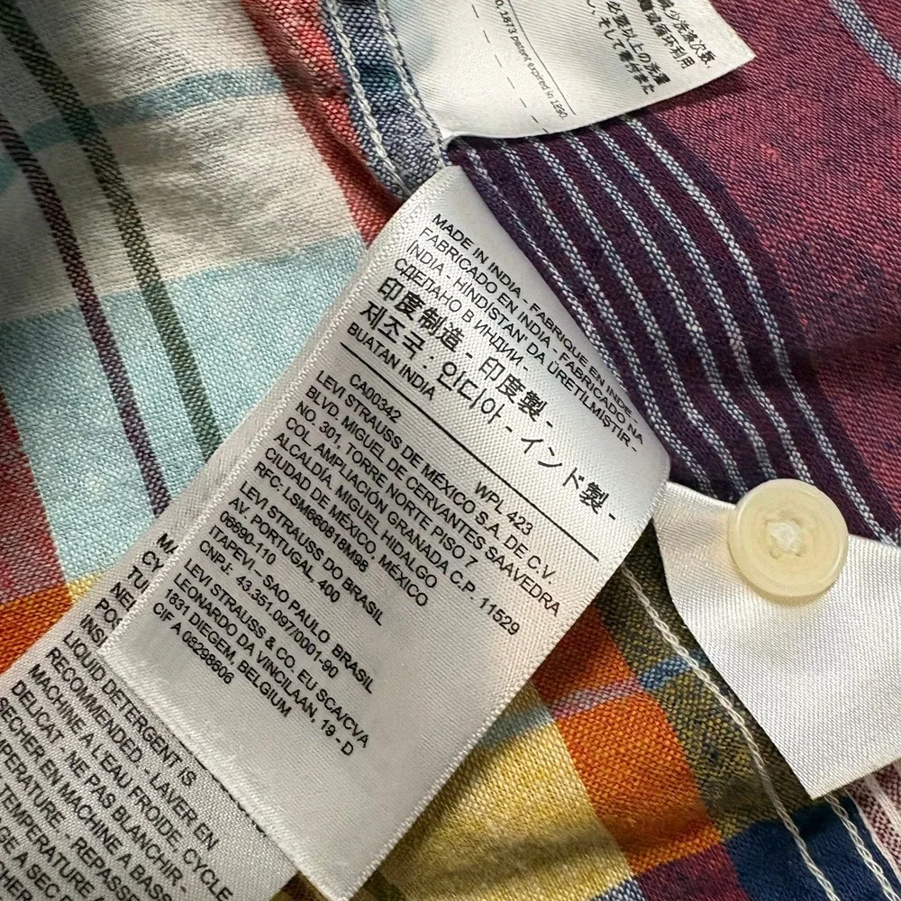 Levi's Short Sleeve Shirt M Multicolor Plaid Linen Blend Relaxed Fit Button Down